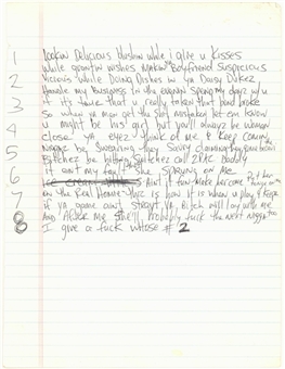 Tupac Shakur "Too Late Playa" Hand Written Song Lyrics (JSA)